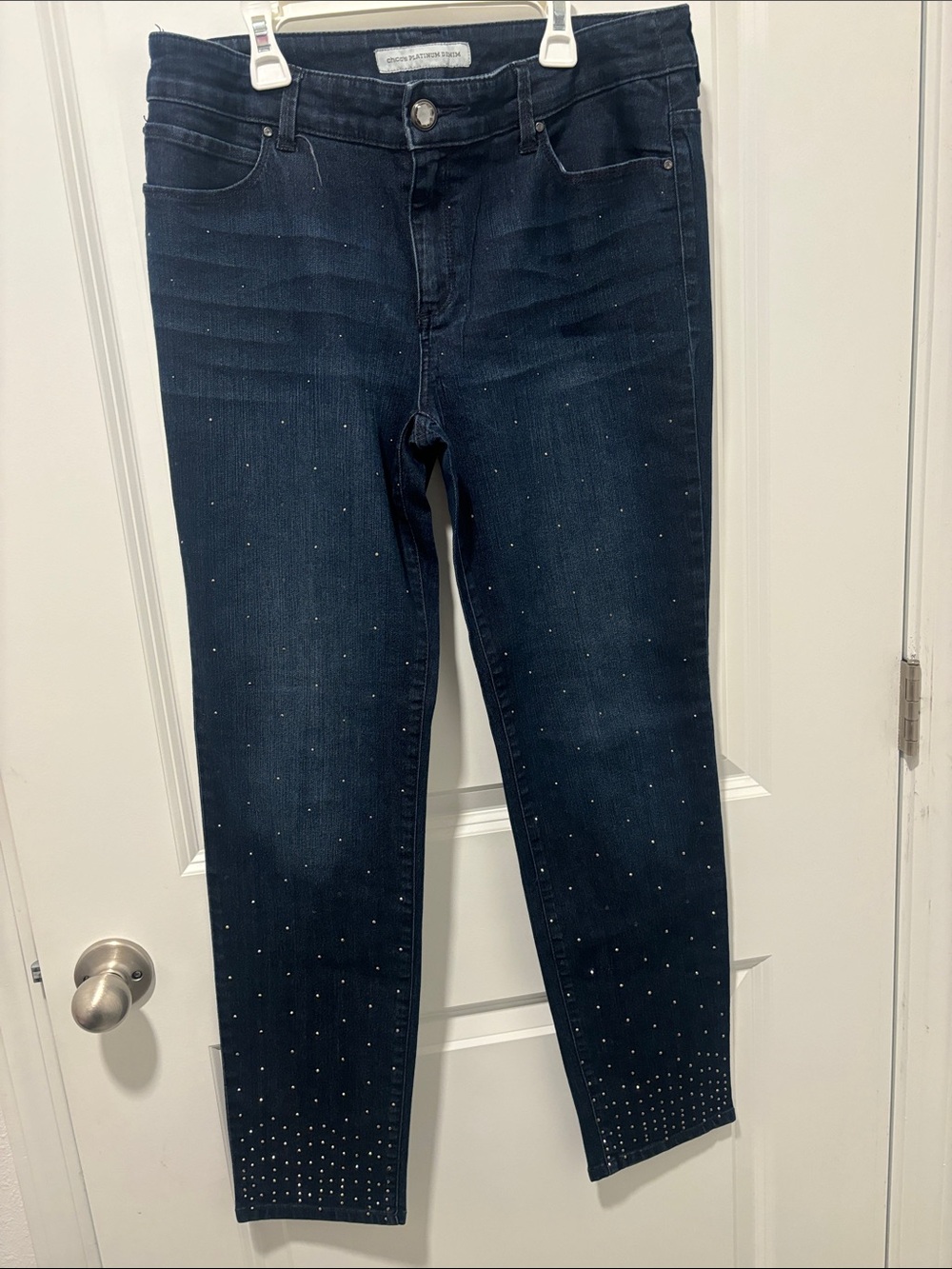 Chico's Dark Blue Straight Leg Jeans with Rhinestone Detail